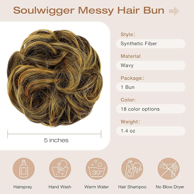 Messy Bun Hair Piece Wavy Curly Scrunchies Fluffy Donut Thick Updo Elegant Chignon Hairpieces for Women Girls, Dark Brown Mix Ginger 1.4oz