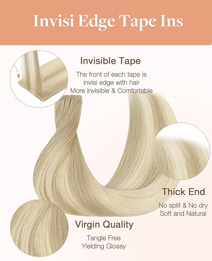 GOO GOO Invisi Edge Tape in Hair Extensions Human Hair, 18ET90A Natural Blonde Balayage 20pcs 18inch 50g, Virgin Remy Hair, Seamless Injected Tape, Natural Look