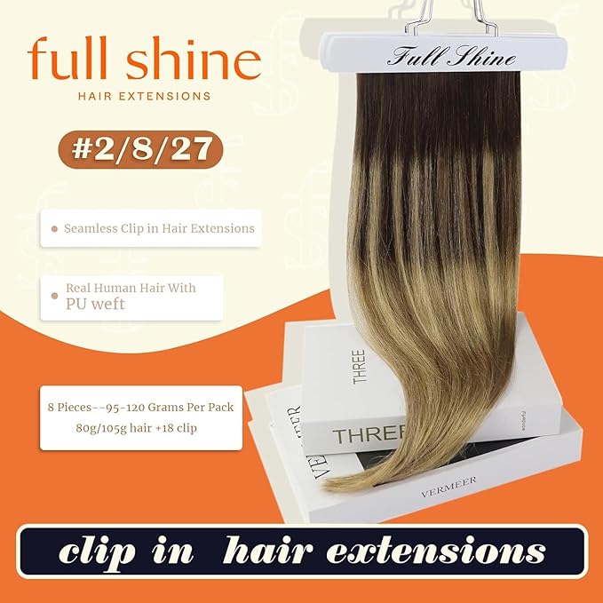 Full Shine Human Hair Clip in Extensions 12 Inch Clip in Hair Extensions Balayage Dark Brown Ombre to Light Brown with Blonde Remy Hair for Style 8 PCS 95 G