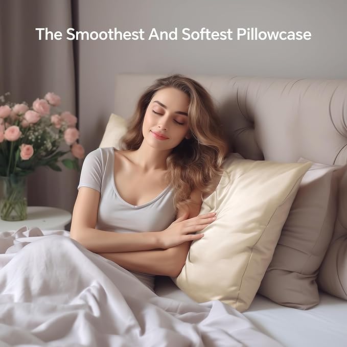 INFIIXSO Mulberry Silk Pillowcase for Hair and Skin, Silk Pillow Cases Queen Size Set of 2 with Hidden Zipper 20x30 Inches, Ultra Smooth and Soft Cooling Pillow Cases for Hot Sleepers(Beige, 2 Pack)