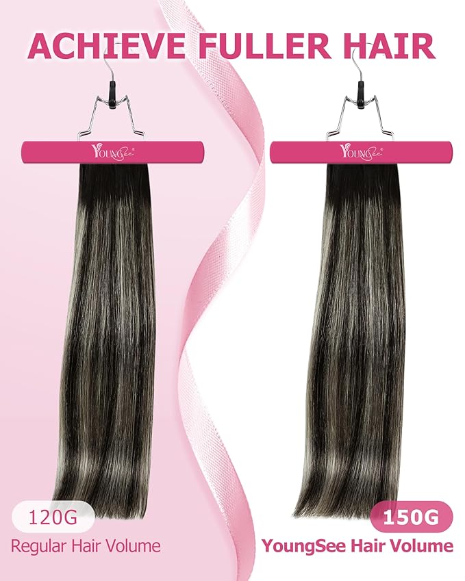 YoungSee Clip in Human Hair Extensions Natural Black Mix Grey Balayage Clip on Hair Extensions for Women Black Ombre Hair Extension Clip ins Silky Straight Hair 20inch 120g