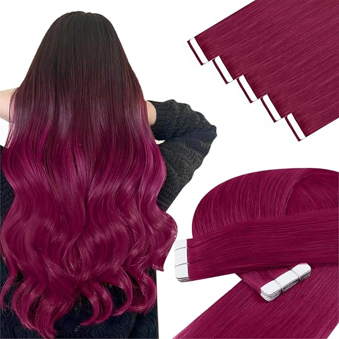 YoungSee Tape in Hair Extensions Magenta Human Hair Tape in Extensions Rosein 16 Inch Tape Ins Human Hair Extension Colored 10pcs 25g for Cosplay