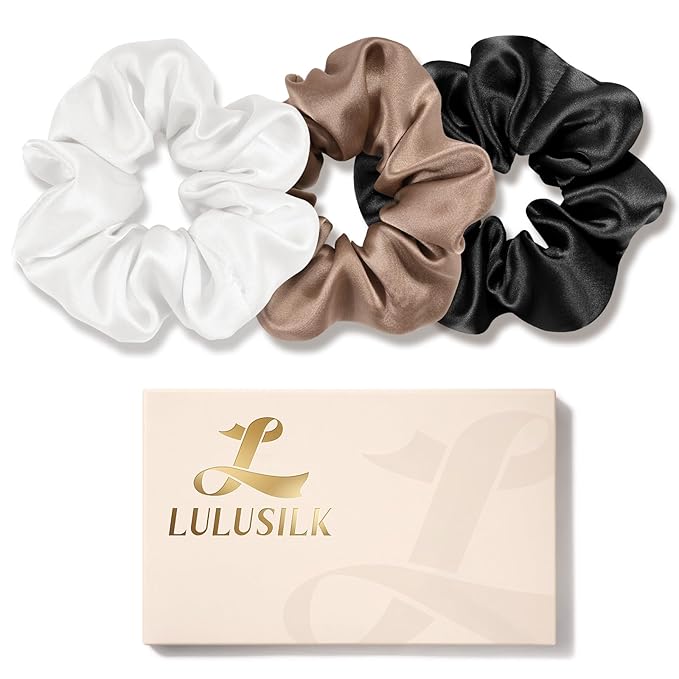 LULUSILK Silk Scrunchies for Hair Sleep, 100% Real Mulberry Silk, No Damage Hair Ties for Women and Girls, Black White and Light Brown, Pack of 3