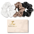 LULUSILK Silk Scrunchies for Hair Sleep, 100% Real Mulberry Silk, No Damage Hair Ties for Women and Girls, Black White and Light Brown, Pack of 3