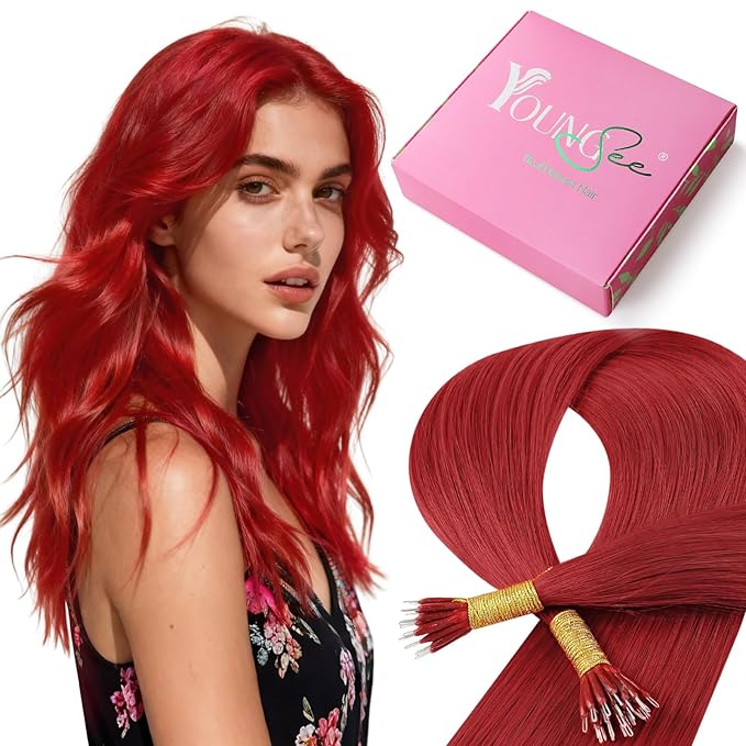 YoungSee Nano Ring Hair Extensions Human Hair Red Nano Bead Hair Extensions Colored Nano-Link Extension Nano-Loop Extension Red Remy Short Straight Hair for DTY Your Hairstyle