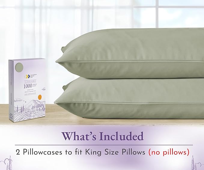 California Design Den King Pillow Cases Set of 2-1000 Thread Count Sateen, Soft and Thick 100% Cotton King Pillow Covers, Durable - Sage Green