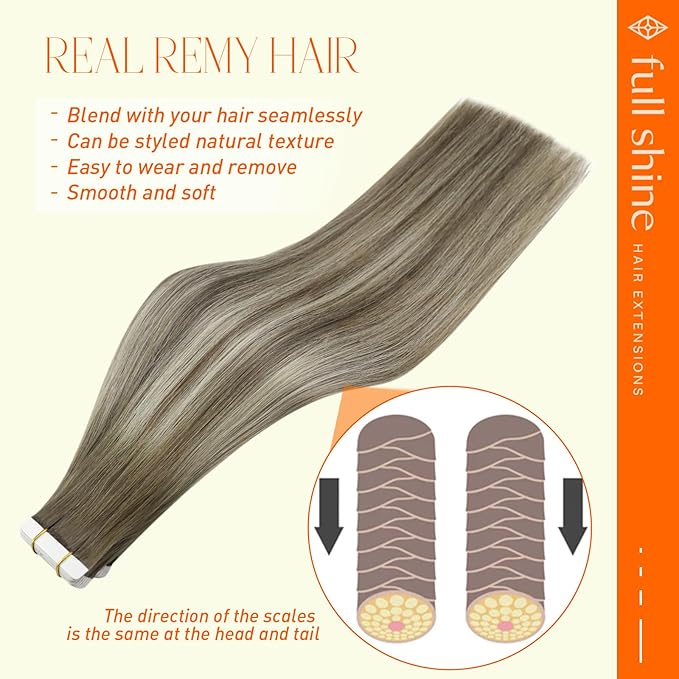 Full Shine 18 Inch Balayage Hair Extensions Tape in 7/1000/7 Brown Roots Fading to Brown and Blonde Seamless Tape in Hair Extensions Straight Hair 20 Pcs Skin Weft 50 Gram Add Volume