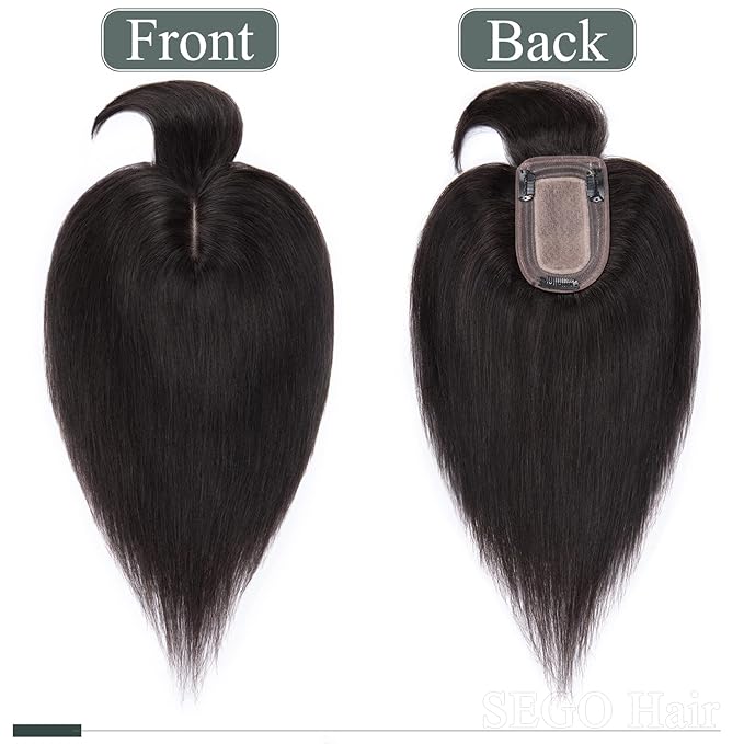 SEGO Hair Toppers for Women Real Human Hair with Thinning Hair, Toppers Hair Pieces Clip in Toppers Straight Hair Pieces with Front Bangs 150% Density Silk Base -10 Inch #1B Natural black