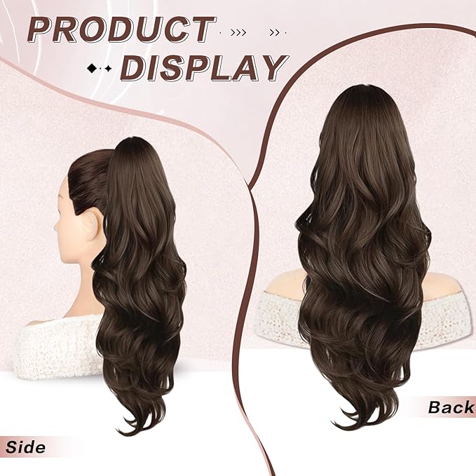 Ponytail Extension, Drawstring Ponytail Extension for Women 23 Inch Long Brown Wavy Pony Tails Hair Extensions Synthetic Clip in Ponytail Hairpiece for Women (Medium Brown)