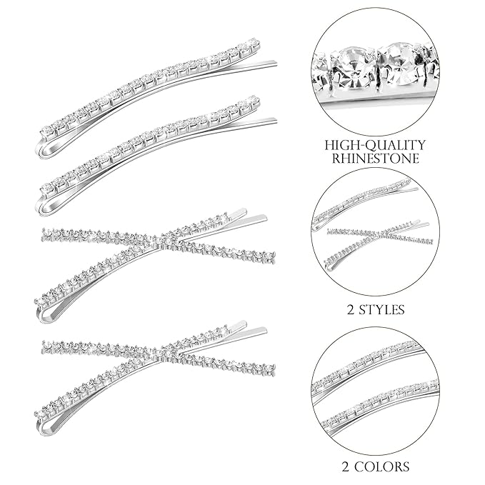 12 Pieces Rhinestone Bobby Pins Decorative Fancy Crystal Hair Clips Shiny Metal X Shaped Barrettes Bling Diamond Wedding Bridal Shower Hair Accessories for Women Ladies Girls (Silver)