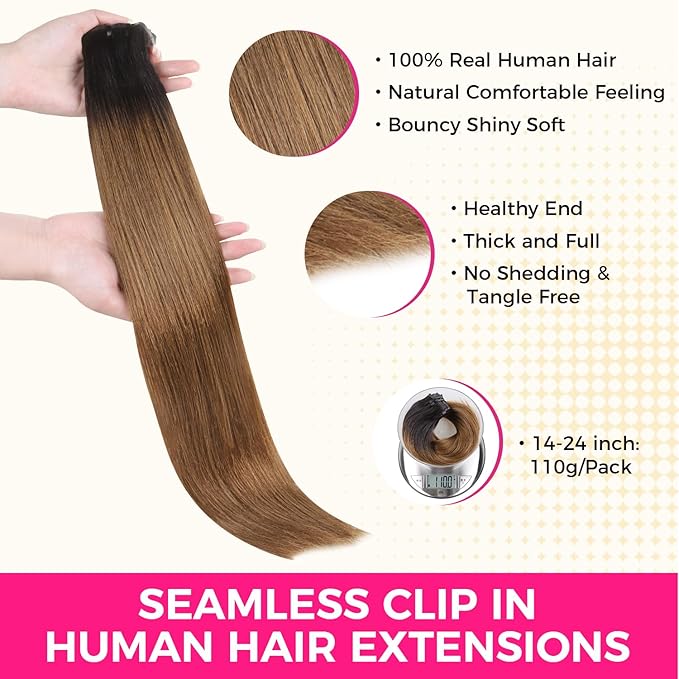 Lashey Seamless Clip in Hair Extensions Human Hair 14 Inch 110g 7pcs Yaki Straight Ombre Natural Black to Medium Auburn Clip in Hair Extensions with Soft PU weft