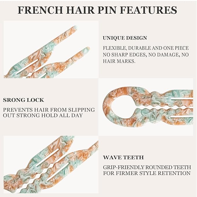Sunolga 3pcs Prestige French Hair Pins for Women, 4.38" Large, Serrated Anti-Slip Design, Curved Shape for Better Head Fit, Coquette Elegant Hair Accessories for Updos, Chignon, Bun Hairstyles