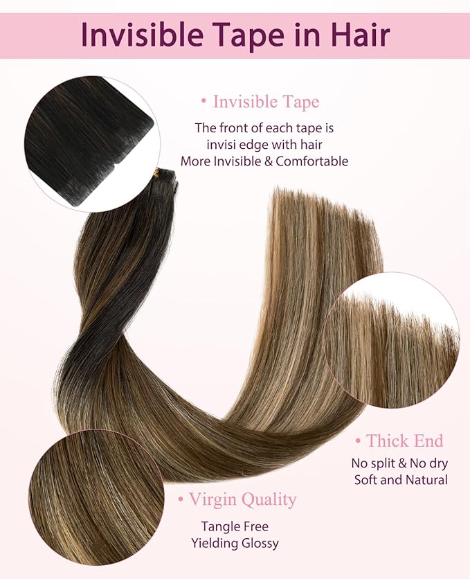 Pinkpearl Invisible Tape in Hair Extensions Human Hair, 20pcs 18inch 50g #1B/4/27 Balayage Natural Black to Chocolate Brown and Caramel Blonde Injection Tape in Extensions Remy Human Hair Injected