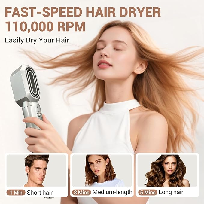 8-in-1 Dual Voltage Hot Air Styler & Hair Dryer Brush with Straightener & Curler Attachments, 110,000 RPM Ionic Fast Drying for Frizz-Free Styling, Includes Travel Bag