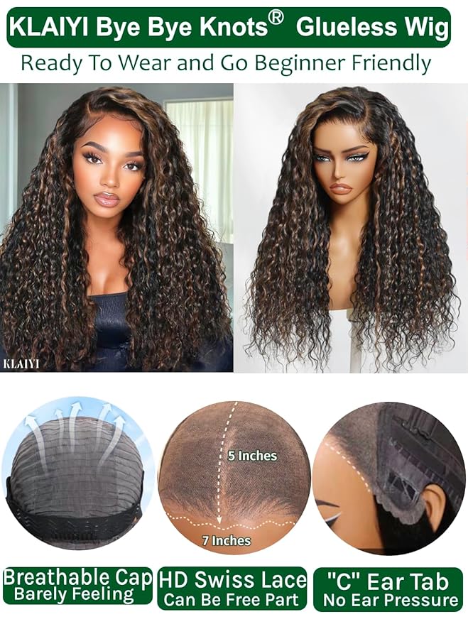KLAIYI Golden Brown Water Wave Bye Bye Knots Glueless Wig Human Hair Highlight 7x5 Precut Lace Front Pre Plucked Bleached Ombre 3S Ready to Wear Go Beginners Wig with Dark Roots Deep Curly Wave 16Inch