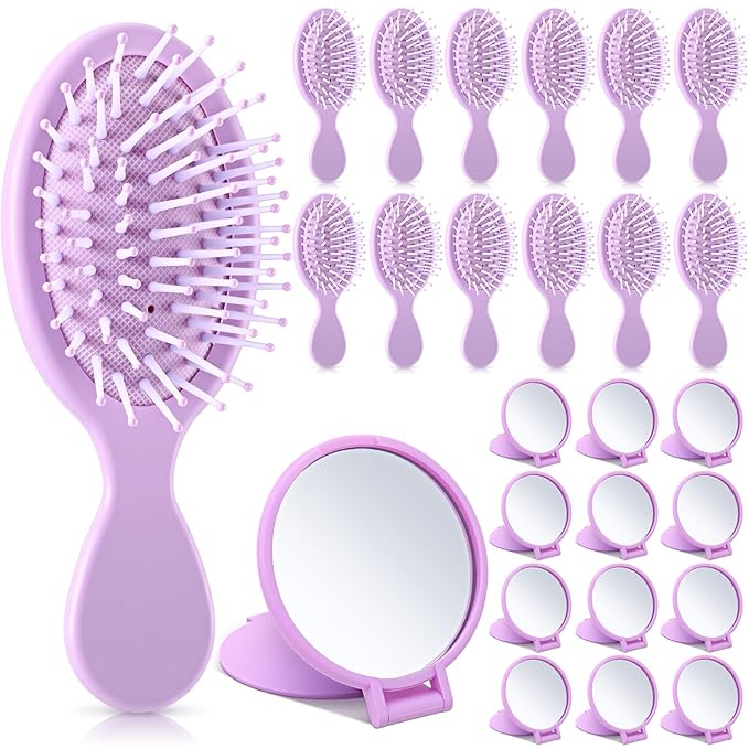 Meanplan 24 Pcs Mini Hair Brush Set 12 Travel Wet Dry Hair Combs Pocket Detangling 12 Compact Folding Makeup Mirrors for Spa Sleepover Birthday Bridal Shower Bachelorette Christmas Party Gift(Purple)