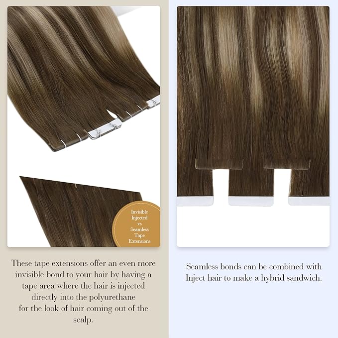 Full Shine Virgin Tape in Hair Extensions Human Hair 5Pcs Color 4/27/4 Balayage Invisible Tape in Extensions 22 Inch Remy Injection Tapes in Human Hair for Women 12.5 Gram Hair Extensions