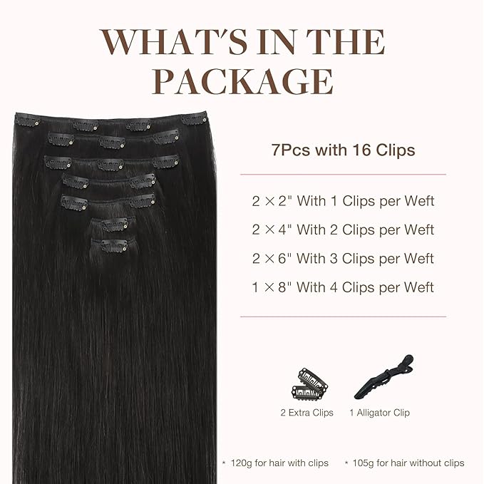 GOO GOO Clip in Hair Extensions Real Human Hair, Remy Human Hair Extensions Clip ins for Women, Natural Human Hair, 14inch 120g 7Pcs, 1B Natural black