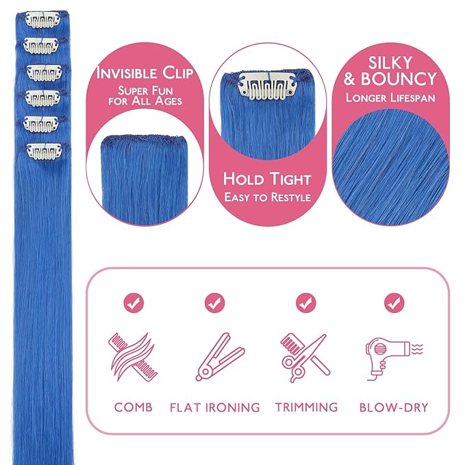 WENNALIFE Blue Clip in Hair Extensions Real Human Hair 35g 6pcs 20 Inch Colored Hair Extensions for Kids Women Colorful Hair Pieces Pop-up Style Straight Extensiones De Cabello Humano Con Clip