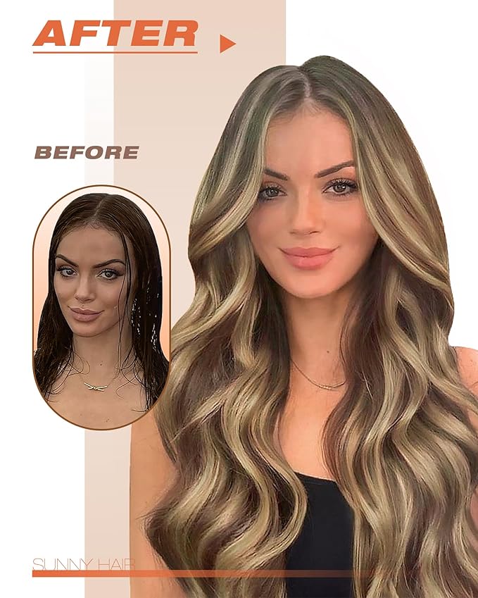 Sunny Hair Tape in Hair Extensions Real Human Hair Invisible Remy Hair Extensions Tape ins for Women Dark Brown Highlight Caramel Blonde 12 inch 20Pcs