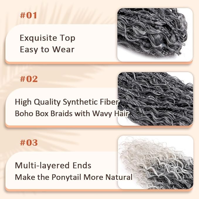 Drawstring Ponytail for Women 18 inch Boho Box Braids with Long Wavy Hair Clip in Ponytail Extension Synthetic Hair Extensions Ponytail for Daily Use (T1B/Grey#, 18 Inch)