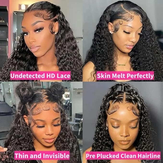VIPbeauty 13x6 Deep Wave Lace Front Wigs Human Hair 200 Density 22 Inch Curly Wig for Women Natural Black HD Transparent Lace Glueless Frontal Wigs Human Hair Pre Plucked with Baby Hair
