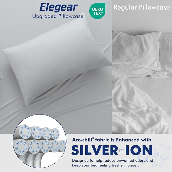Elegear Cooling Pillow Cases for Hot Sleepers, Clean Fabric Silver Infused Cooling Pillowcase Q-Max>0.5, Soft Zipper Pillow Cases Protector, Pillow Cases Cover Set of 2 Gray (Queen, 20'' x 30'')