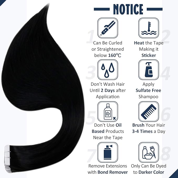 Full Shine Real Human Hair Tape in Extensions Color 1 Jet Black Remy Tape in Real Remy Skin Weft 24Inch Double Sided Invisible Seamless Hair Extension Silky Straight 20Pcs 50G for Wedding