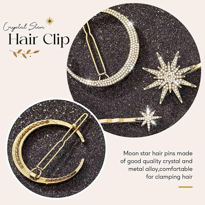 BARTOSI Moon Star Hair Clips Sparkly Rhinestone Hair Pins Vintage Bobby Pins Celestial Hair Accessories for Women and Girls (Pack of 3) (Bronze)