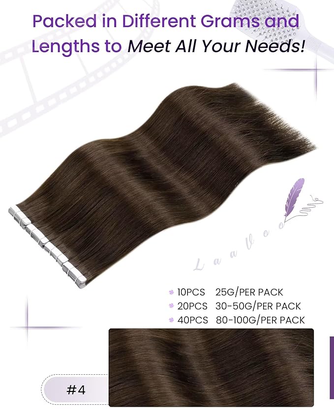 LaaVoo Human Hair Tape in Extensions Brown Hair Extensions Tape in Real Hair Seamless Tape on Hair Extensions Dark Brown 22 Inch 20 Pcs 50g