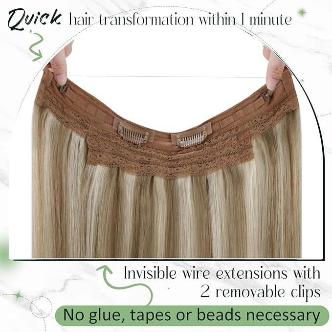 RUNATURE Wire Hair Extensions Human Hair, Hidden Fish Line Hair Extensions, Natural Remy Hair, One Piece Clip in Extensions for Women, Can be Styled, 14 Inch 70g #8P24 Brown Highlight Blonde
