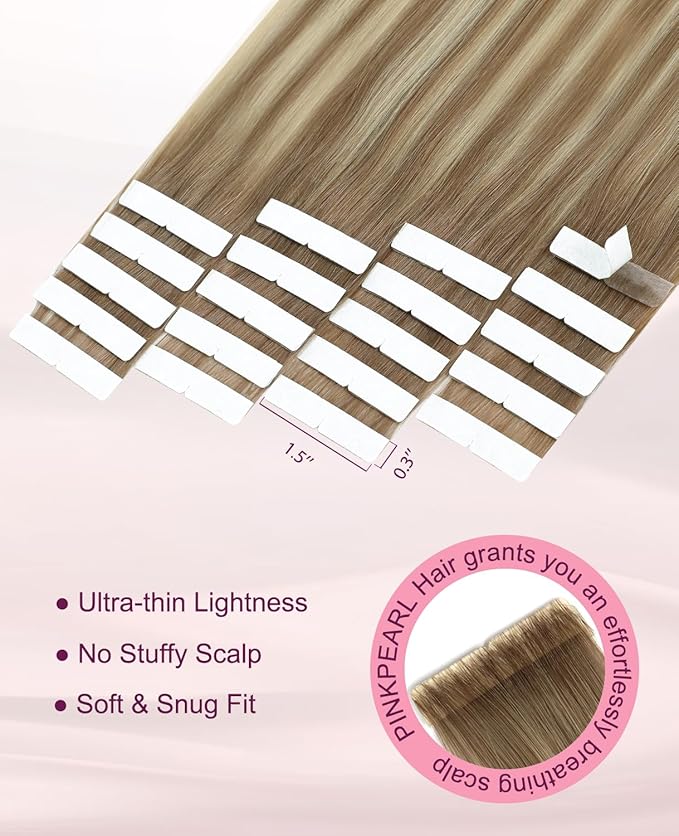 Pinkpearl Invisible Tape in Hair Extensions Human Hair, 20pcs 14inch 40g #8T60 Balayage Ash Brown to Platinum Blonde Injection Tape in Extensions Real Remy Seamless Human Hair Injected