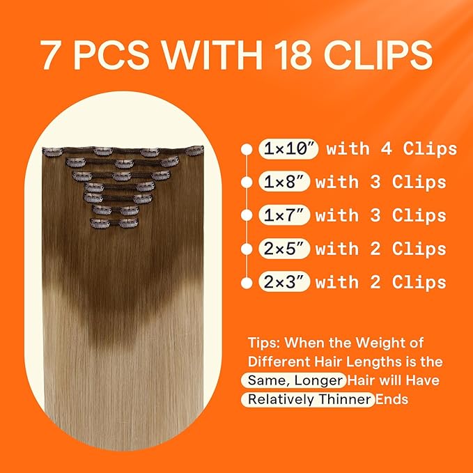 Full Shine Human Hair Extensions Clip ins Ombre 14 Inch Golden Brown To Golden Blonde Clip in Short Hair Extensions for Women 7 Pcs 120 G