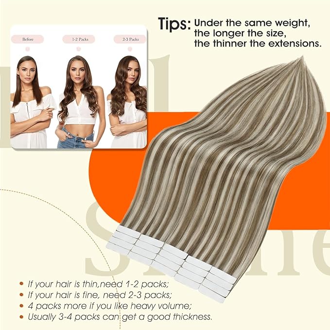 Full Shine Highlights Tape in Extensions 12Inch Seamless Tape in Hair Extensions Color 8 Light Brown Highlighted 60 Platinum Blonde Invisible Extension 30Gram 20Pcs Remy Straight Skin Weft for Wedding
