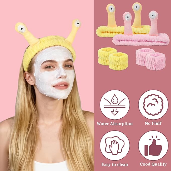 Snail Face Wash Headband Skincare & Wrist Bands for Washing Face Set Cute Spa Headband for Women and Wrist Faces Wash Bands for Shower, Facial Cleaning, Soft Coral Fleece Makeup Headbands,Yellow＆Pink