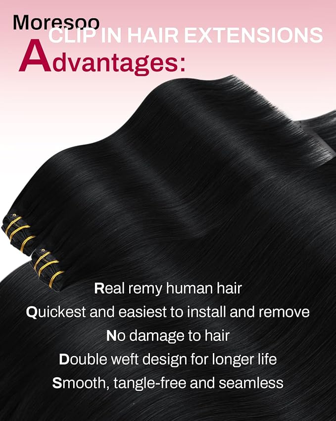 Moresoo Black Clip in Hair Extensions Real Human Hair Jet Black Double Weft Clip in Human Hair Extensions Remy Natural for Women to Add Volume Long 135g/7pcs 18 inch