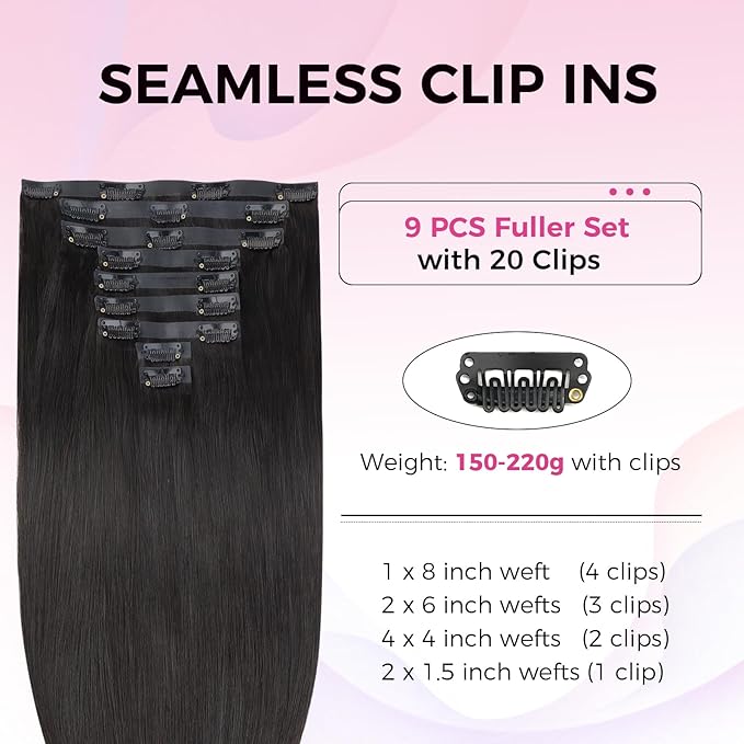 Lashey Seamless Clip in Hair Extensions Human Hair Extensions, 180g 9pcs Straight Natural Black Fuller Real Human Hair Clip in Extensions 20 Inch