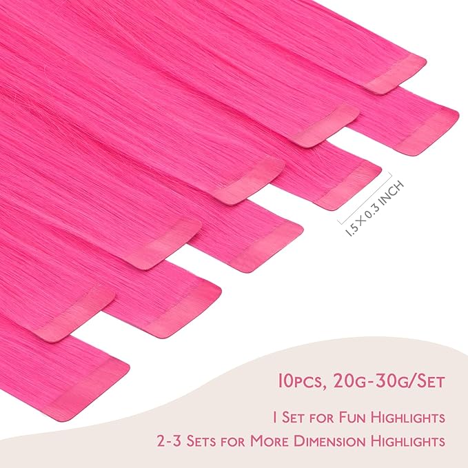 WENNALIFE Tape in Hair Extensions Human Hair Hot Pink Tape in Extensions, 10pcs 30g 22 inch Remy Invisible Tape Ins Straight Colored Soft Real Human Hair Tape in Extensions Refill Set Extensions