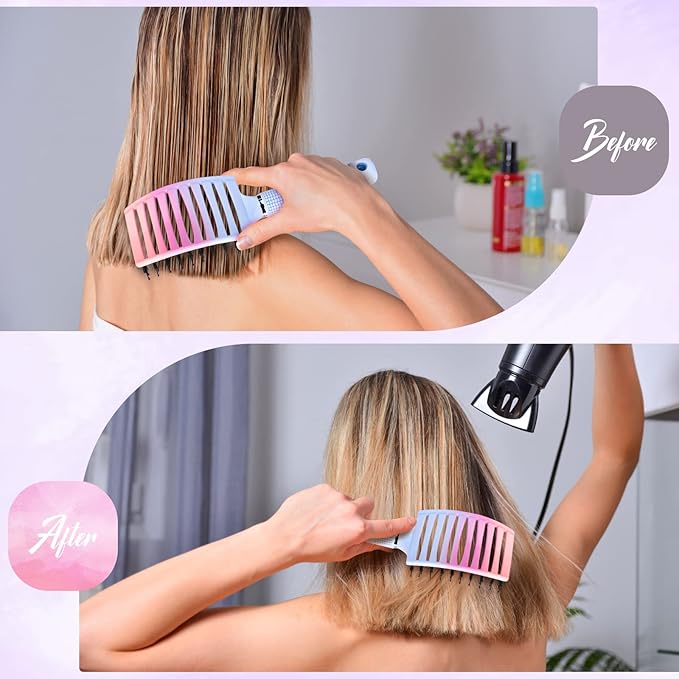 Boar Bristle Hair Brush, Curved Vented Detangler Brush Faster Blow Drying, Paddle Detangling Brush for Women Men Kids Wet Dry Long Curly Thick Straight Hair, Make Hair Shiny and Healthier(Purple+Blue)