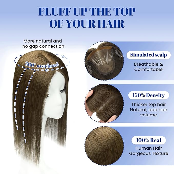 WORLDSTAR Hair Topper for Women Real Human Hair 360°3D Coverage Hairpieces Hand-stitched, No Bangs,75g,6 * 7 Inch Base,16 Inch #4 Medium Brown with Top Extension for Thinning Hair (tp#4-16)