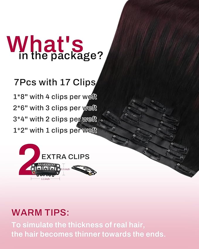 Moresoo Seamless Clip in Hair Extensions Ombre Black to Burgundy Seamless Hair Extensions Clip ins Human Hair Balayage Black to Red Wine PU Weft Human Hair Clip in Extensions 7pcs 120g 18inch