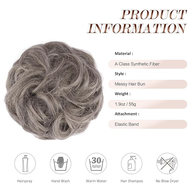 FESHFEN Messy Bun Hair Piece - Large Elastic Wavy Curly Hair Bun Scrunchies Ponytail Extensions Synthetic Chignon Hairpieces for Women, Salt and Pepper 1.94oz