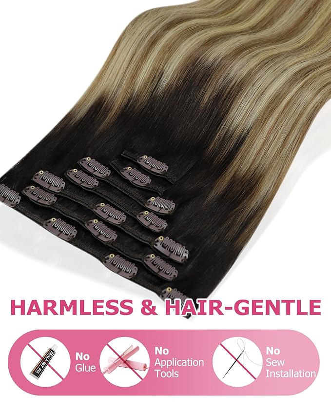 YoungSee 135g Brown Balayage Clip in Hair Extensions Ombre Clip in Human Hair Extensions Balayage Dark Brown to Medium Brown with Blonde Remy Hair Extension Clip ins for Women 16inch