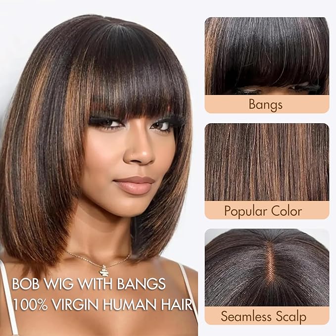 Bob Wig 100% Virgin Human Hair Wigs Glueless 2.5x1 Lace Closed F1B/30 Color Short Bob Human Hair With Bangs Ready To Go Straight bob wig human hair（16 Inch bob wig）