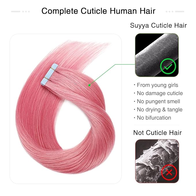 SUYYA Tape in Hair Extensions Human Hair Hot Pink 16 Inch 10PCS/Pack Straight Tape Extensions 20g