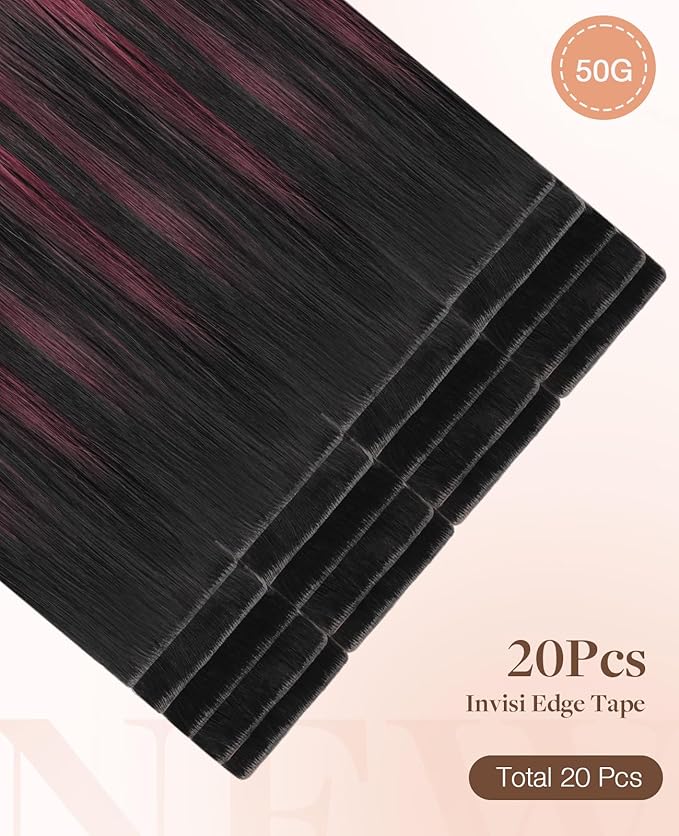 GOO GOO Invisi Edge Tape in Hair Extensions Human Hair, 1/99 Balayage Jet Black to Red, 20pcs 18inch 50g, Virgin Remy Hair, Seamless Injected Tape, Natural Look