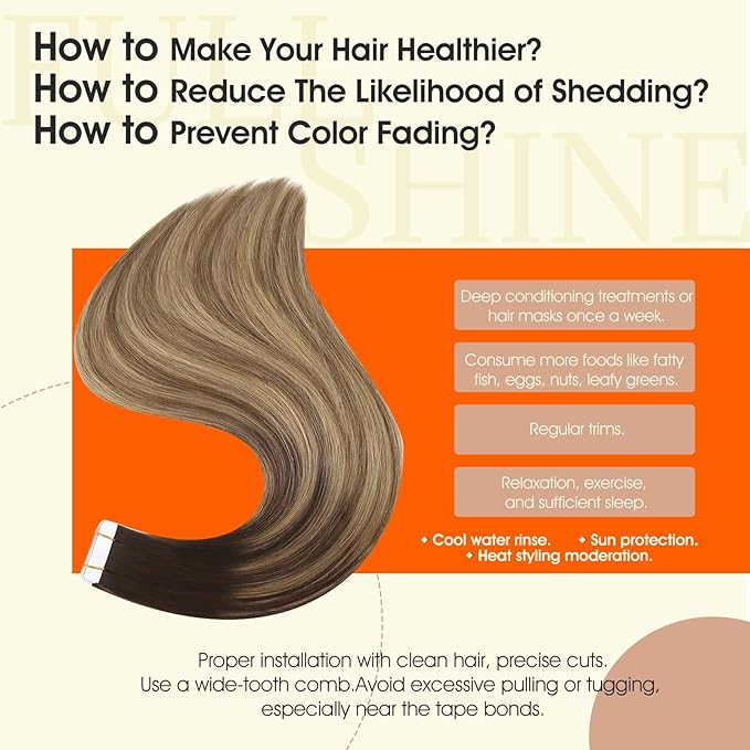 Full Shine Human Hair Tape in Extensions Color 2 Dark Brown Ombre 8 Ash Brown And 27 Blonde Remy Tape in Hair Extensions Human Hair 18Inch Straight Seamless Skin Weft 50Gram 20Pcs for Wedding
