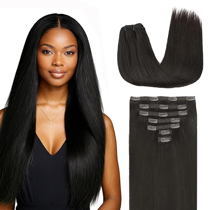 Lashey Clip in Hair Extensions, 14 Inch 7pcs 120g Natural Black Color, Straight Clip in Hair Extensions Real Human Hair Thick Clip in Hair Extensions for Women