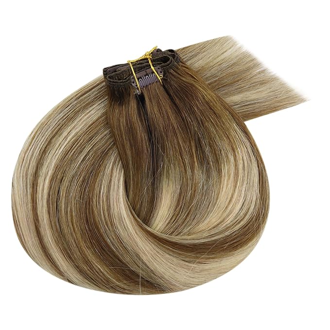 Ve Sunny Balayage Clip in Hair Extensions Human Hair Clip in Extensions Brown Clip in Human Hair Extensions Chestnut Brown with Platinum Blonde Hair Extensions for Holiday Party 120g 7pcs 24inch