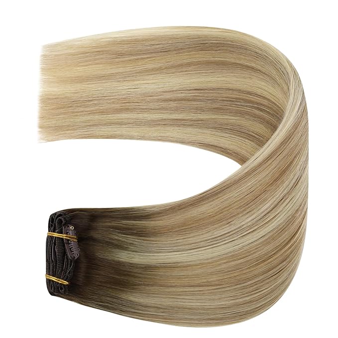 YoungSee Human Hair Clip in Extensions Balayage Clip in Human Hair Extension Walnut Brown Ombre Light Brown with Blonde Invisible Clip in Hair Extensions 24Inch 120G 7Pcs